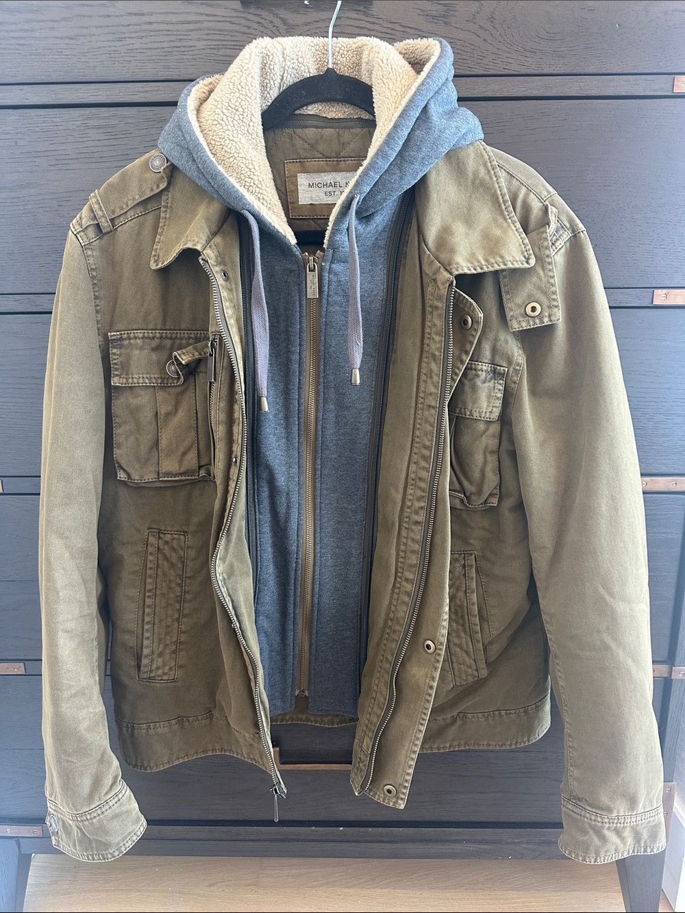 Michael Kors Olive Jacket with Gray removable Hooded Layer
